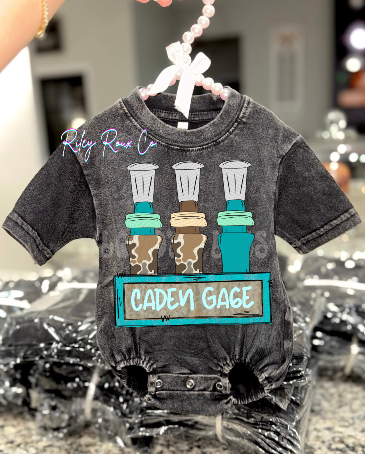 Custom Call Name Plate - black acid wash bubble romper